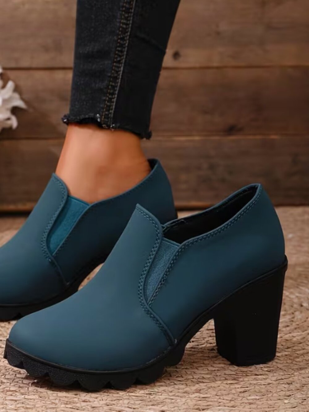 Teal Slip-On Block Heel Loafers Comfort Shoes Women's Size 43 EU